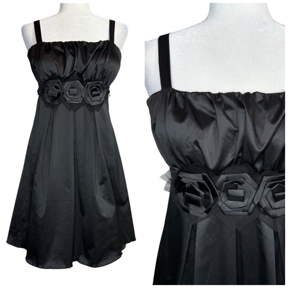 Charlotte Russe Y2K Vintage Black Satin Rosette‎ Babydoll Dress M Fairy Whimsy